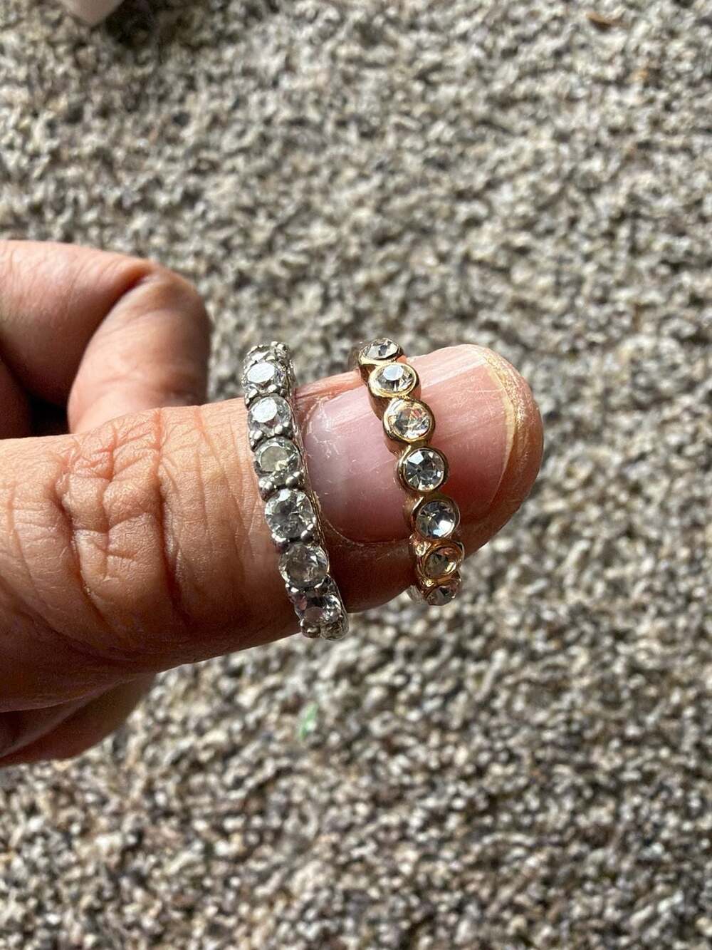 Set of 2 Rings: vintage Silver CZ Milgrain Anniversary Band and Gold Tone Bezel